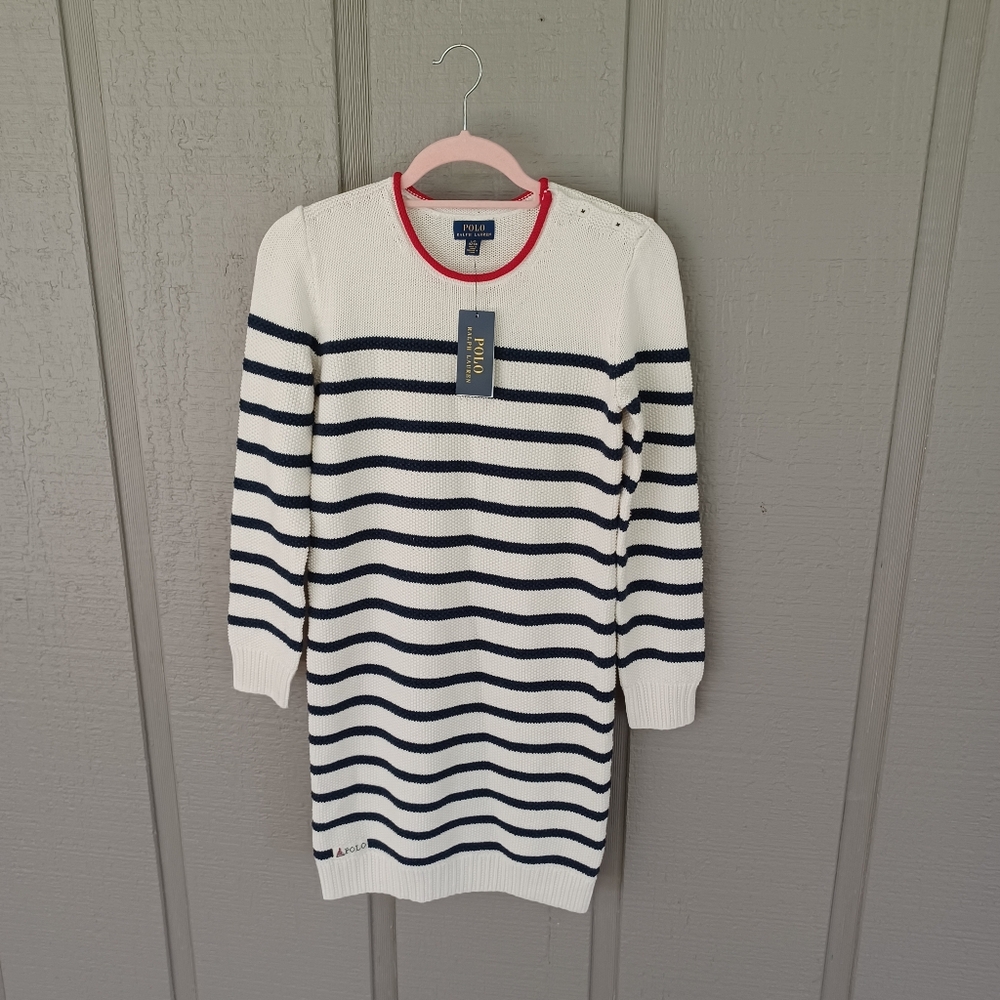 Polo Ralph Lauren Girls Striped Sweater Dress Size L 12 14 Preppy Cotton